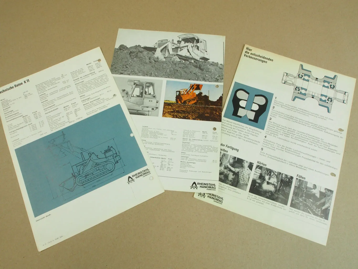 3 Prospekte Hanomag K11 Laderaupe und Laufrollen aus den 60er Jahren