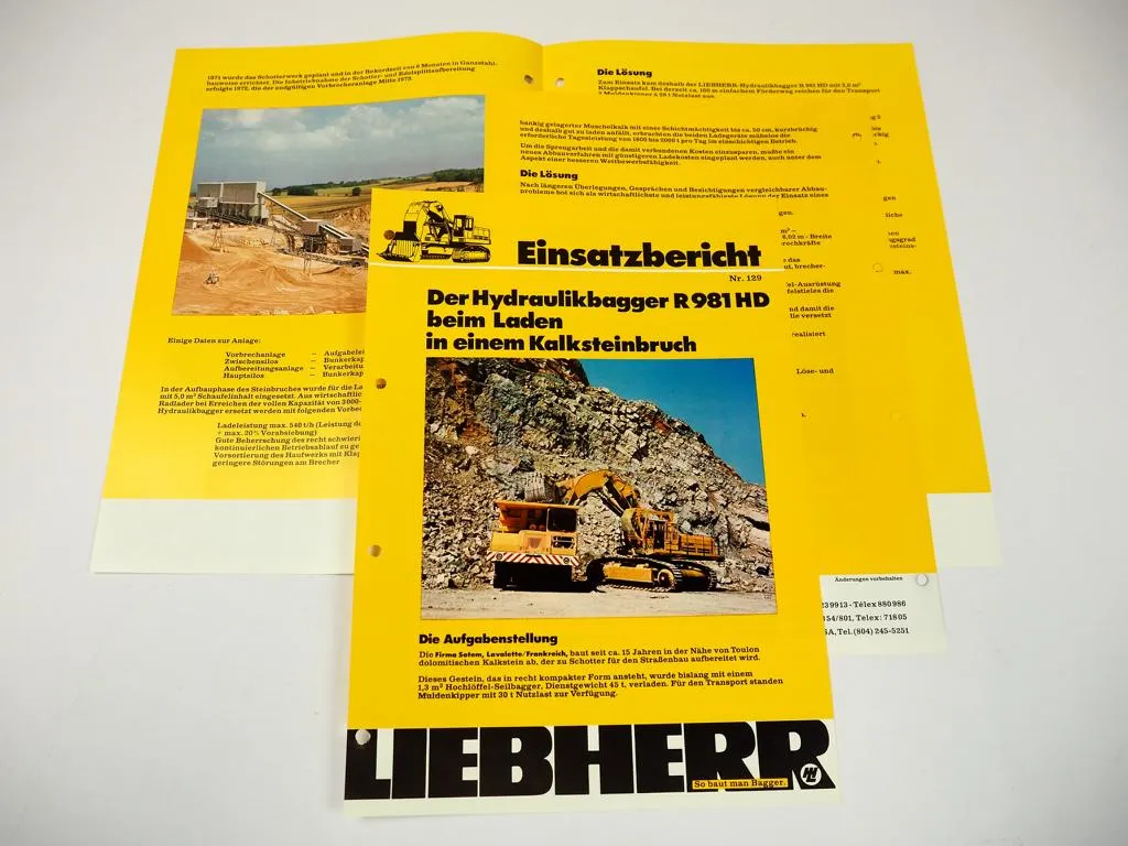 3 Prospekte Liebherr R981HD Hydraulikbagger Einsatzbericht Kalksteinbruch 1976