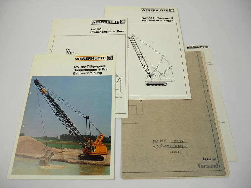 3 Prospekte Weserhütte SW190 Raupenbagger Raupenkran + techn. Zeichnung 1980