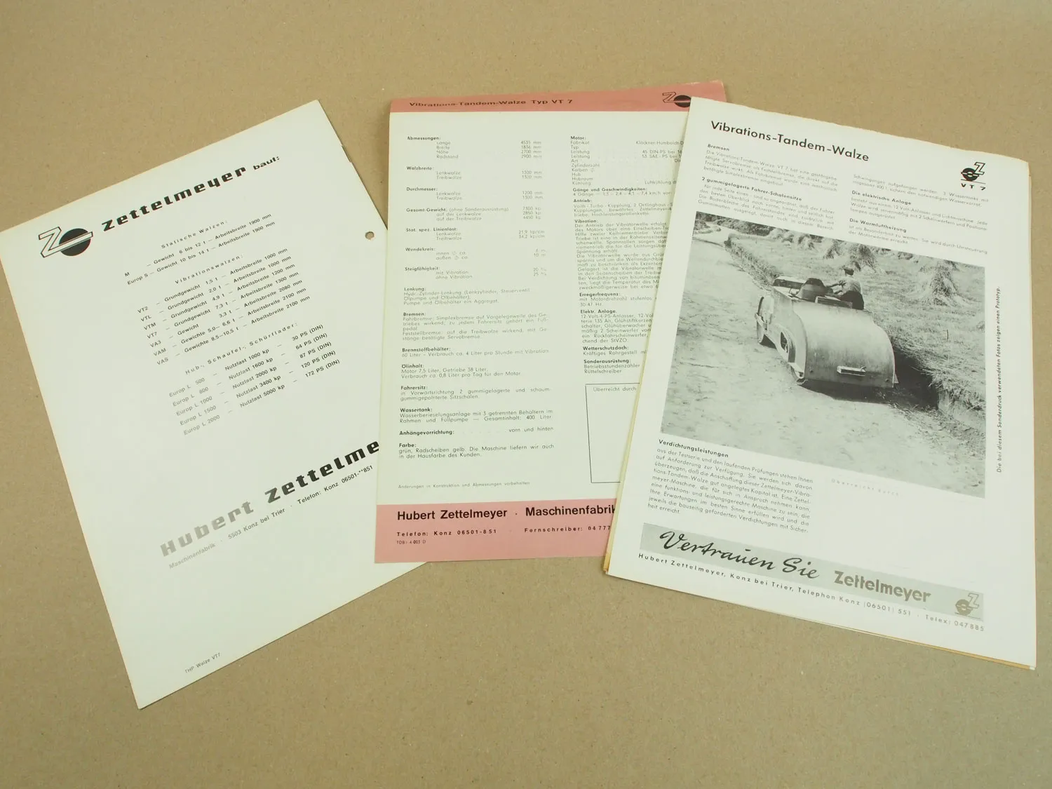 3 Prospekte Zettelmeyer VT7 Tandemwalze 1960er Jahre + Preisangebot