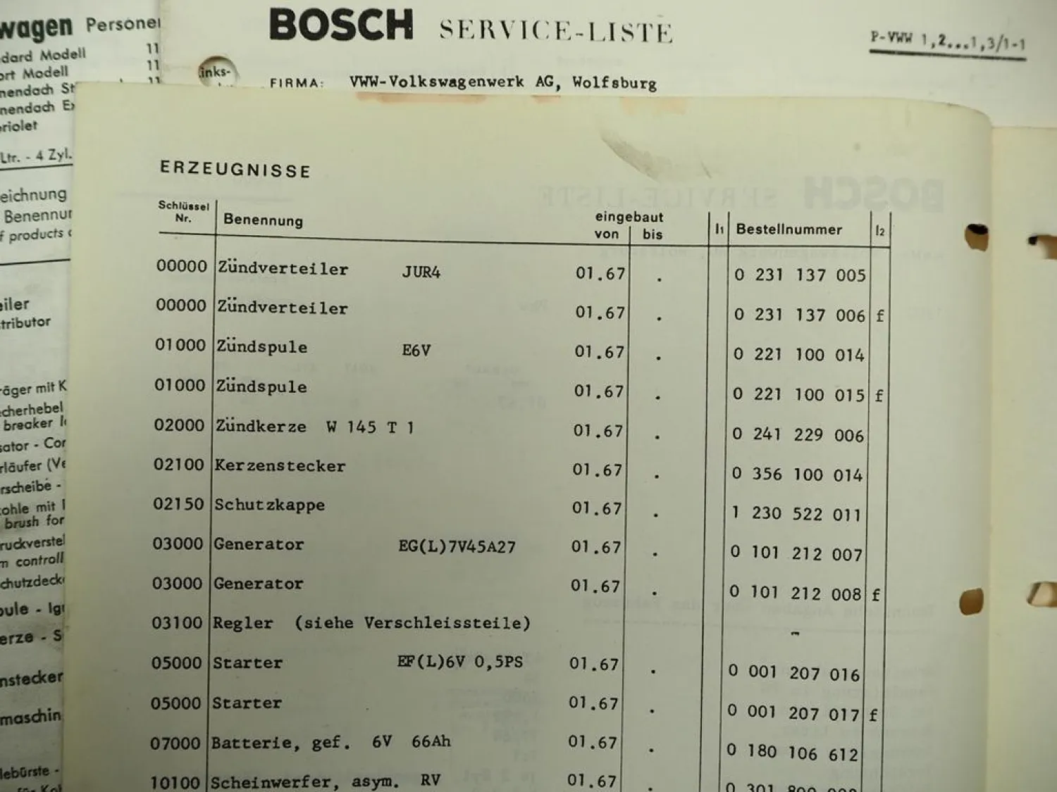 33x Original Bosch Service-Liste für VW PKW 1954–1970 Käfer 1600 K70 411