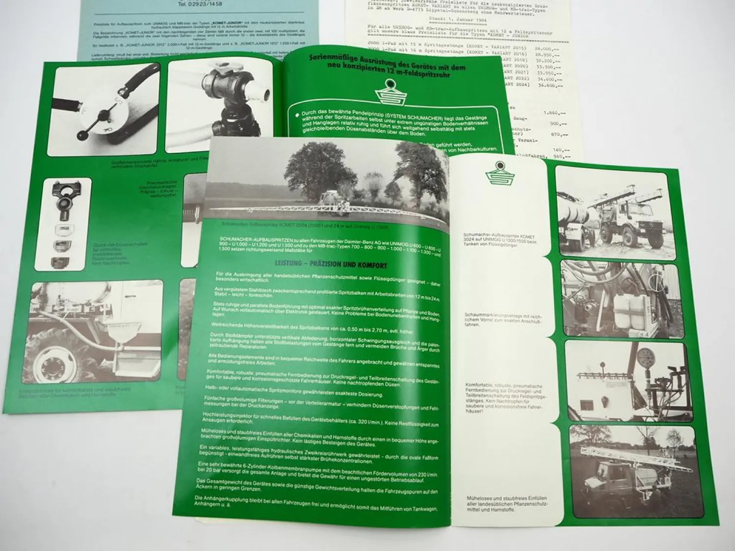 3x Orig. Prospekt Preisliste Schumacher Anbaugeräte für Unimog MBtrac 1970/80er