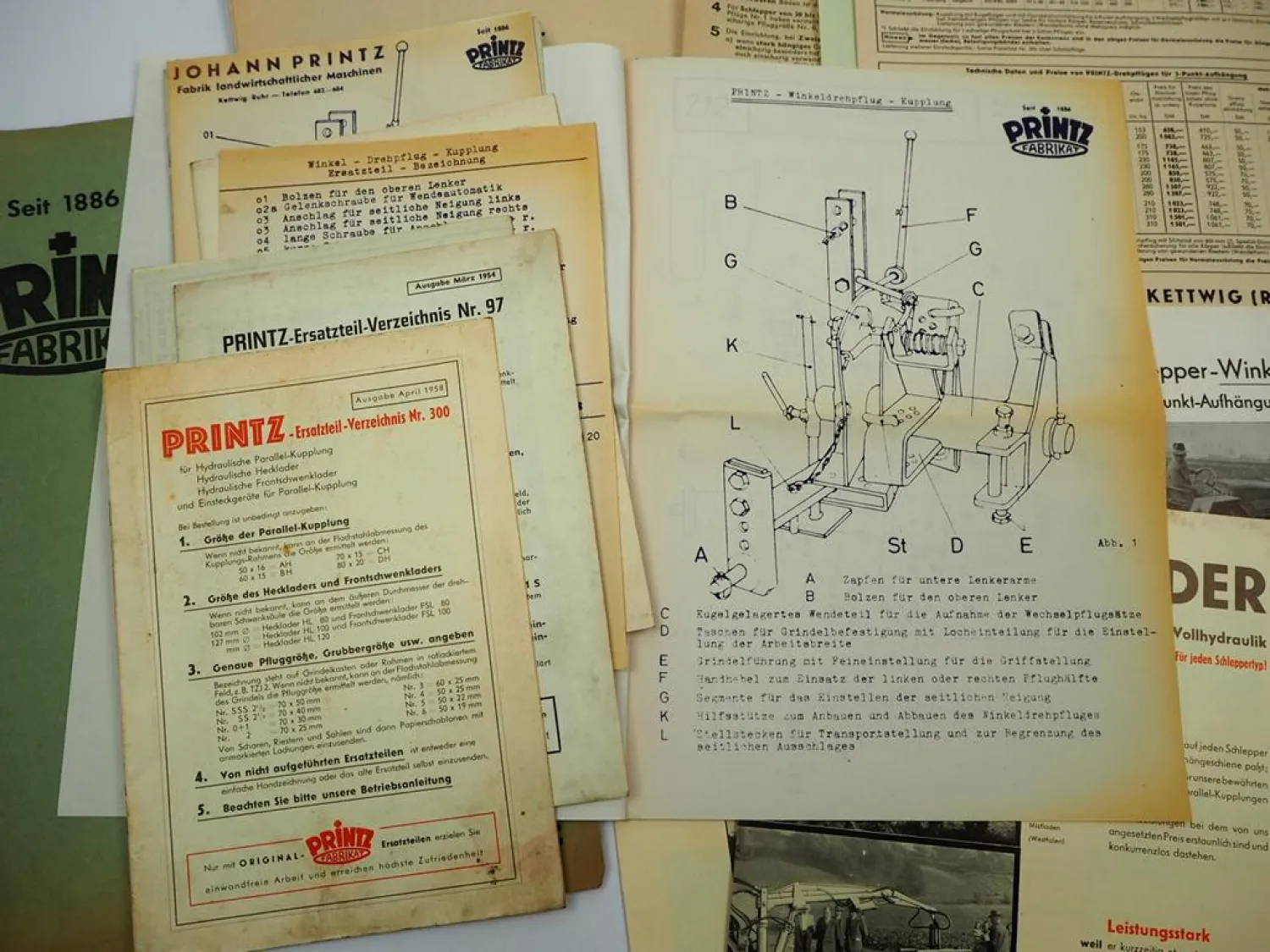 3x Orig. Prospekt Testbericht ETL Printz Anbaugeräte für Schlepper 1950er Jahre