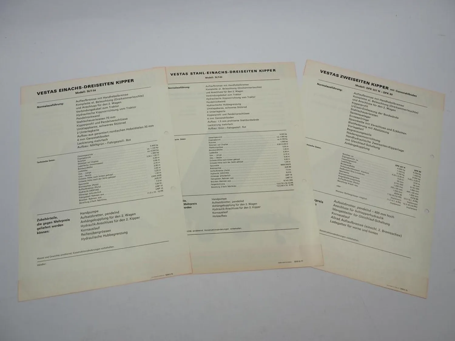 3x Orig. Prospekt Vestas DFK SLT Anhänger Kipper 1976/77 mit technischen Daten