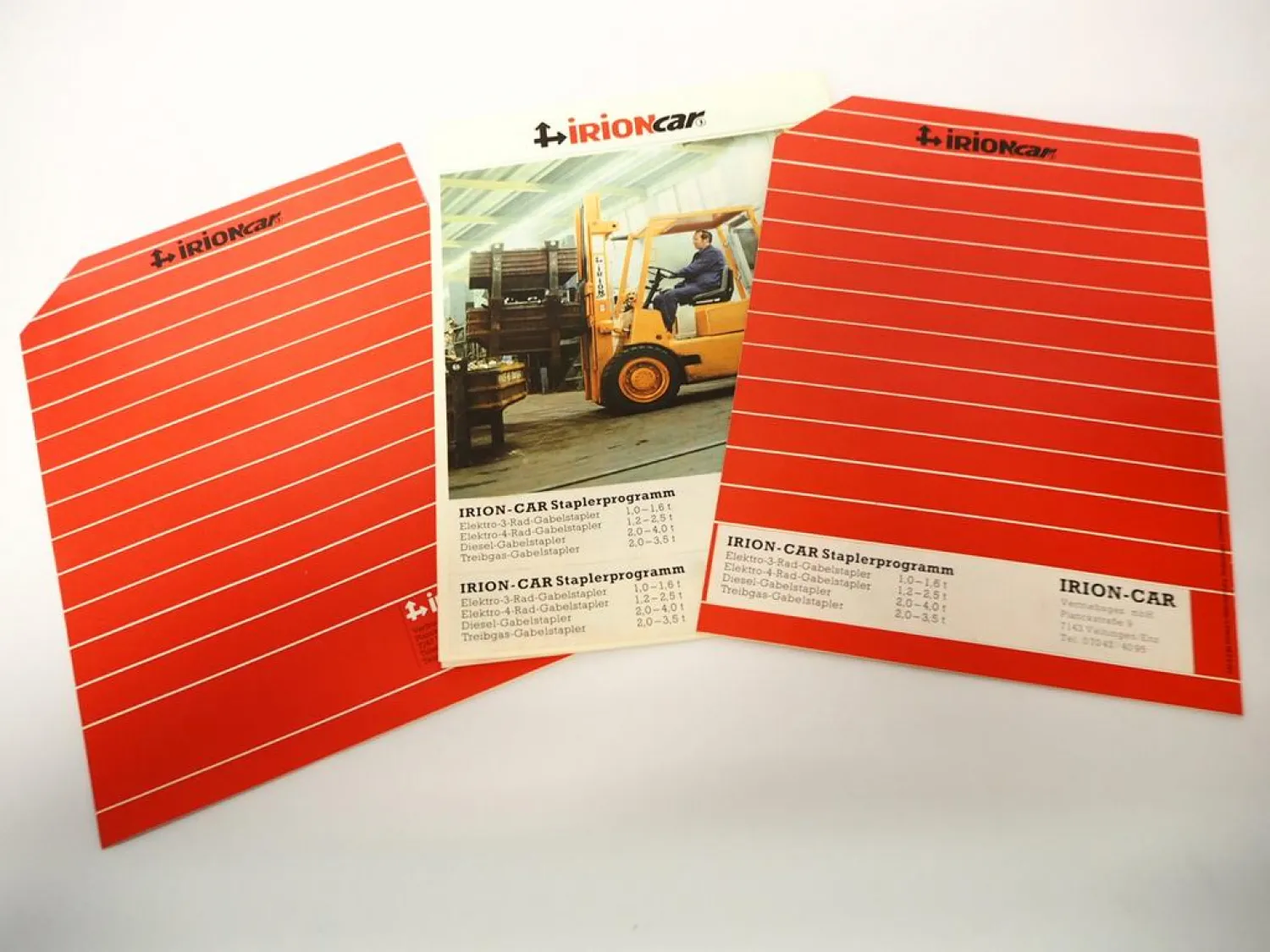 3x Original Prospekt Irioncar Elektro- und Dieselgabelstapler ca. 1980er Jahre