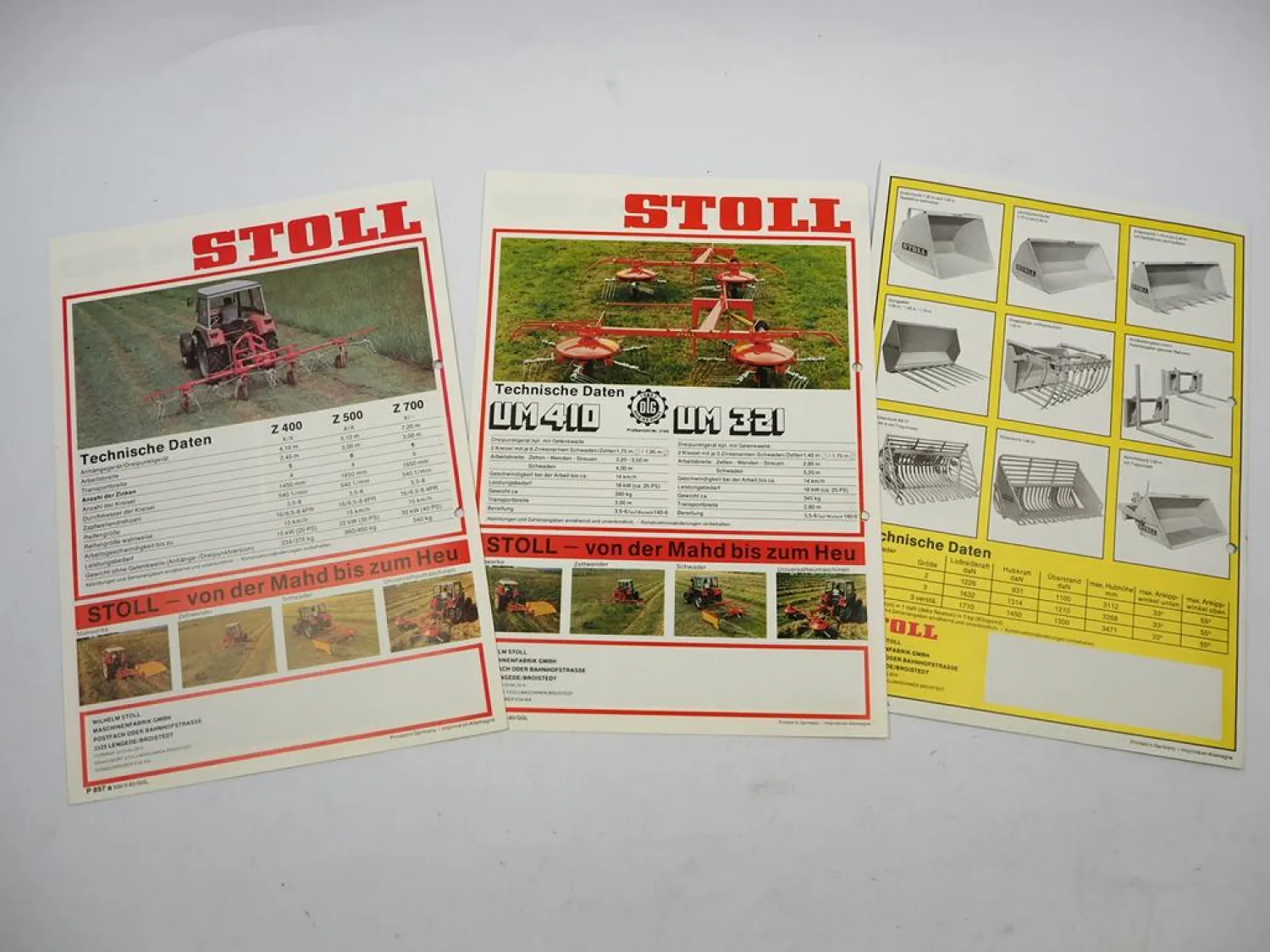 3x Original Prospekt Stoll Zettwender Z Heumaschine UM Frontlader ALN ALS 1980er