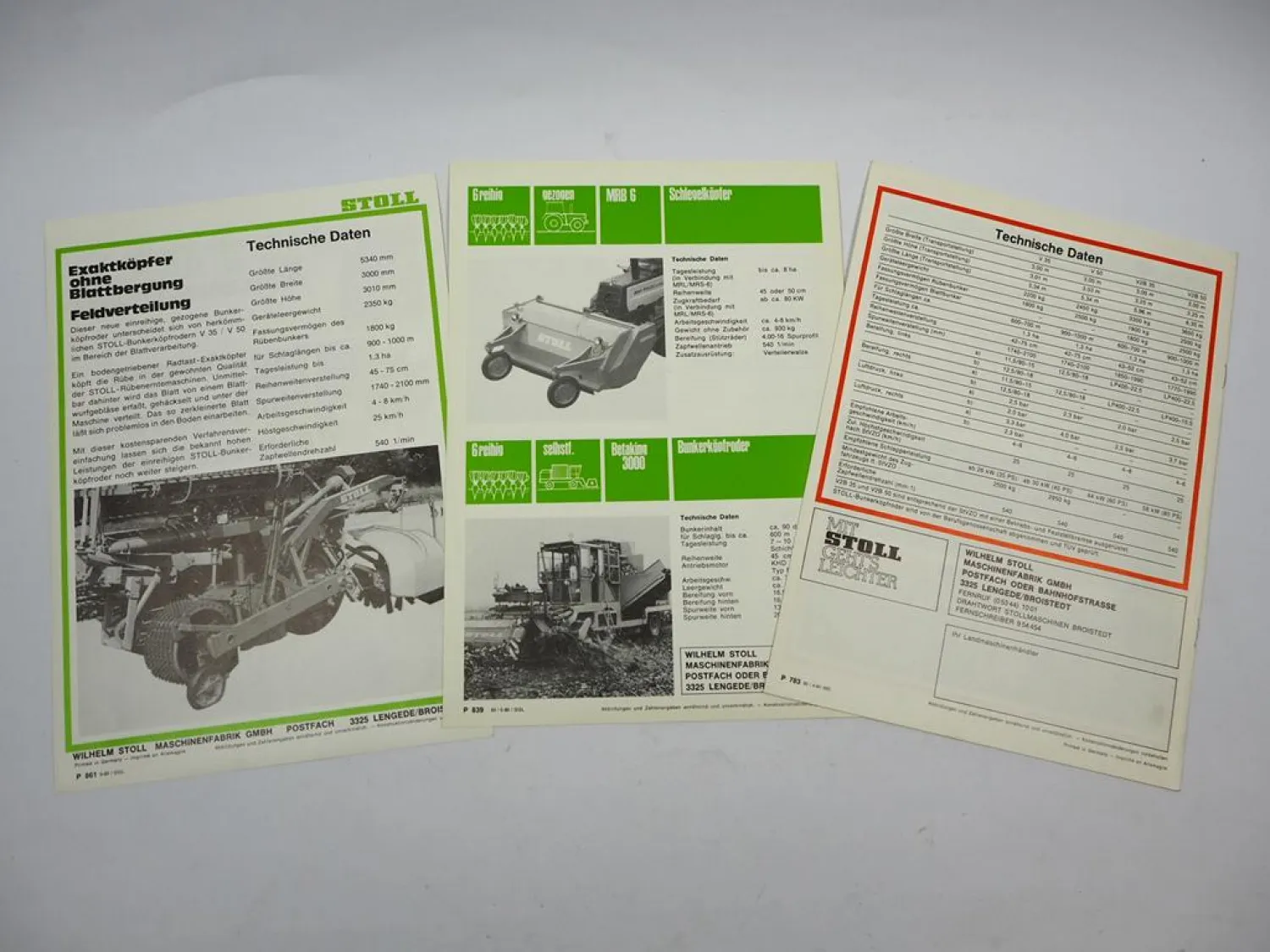 3x Original Prospekt Stoll Zuckerrübentechnik Bunkerköpfroder V V2B 35 50 1980