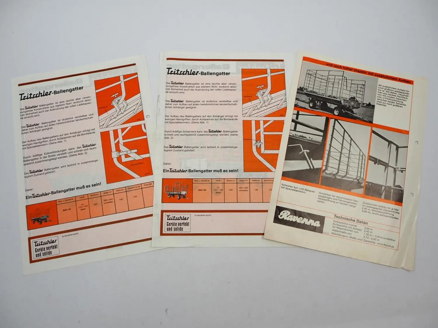 3x Original Prospekt Tritscher Ravenna Ballengatter für Anhänger ca. 1970er J.