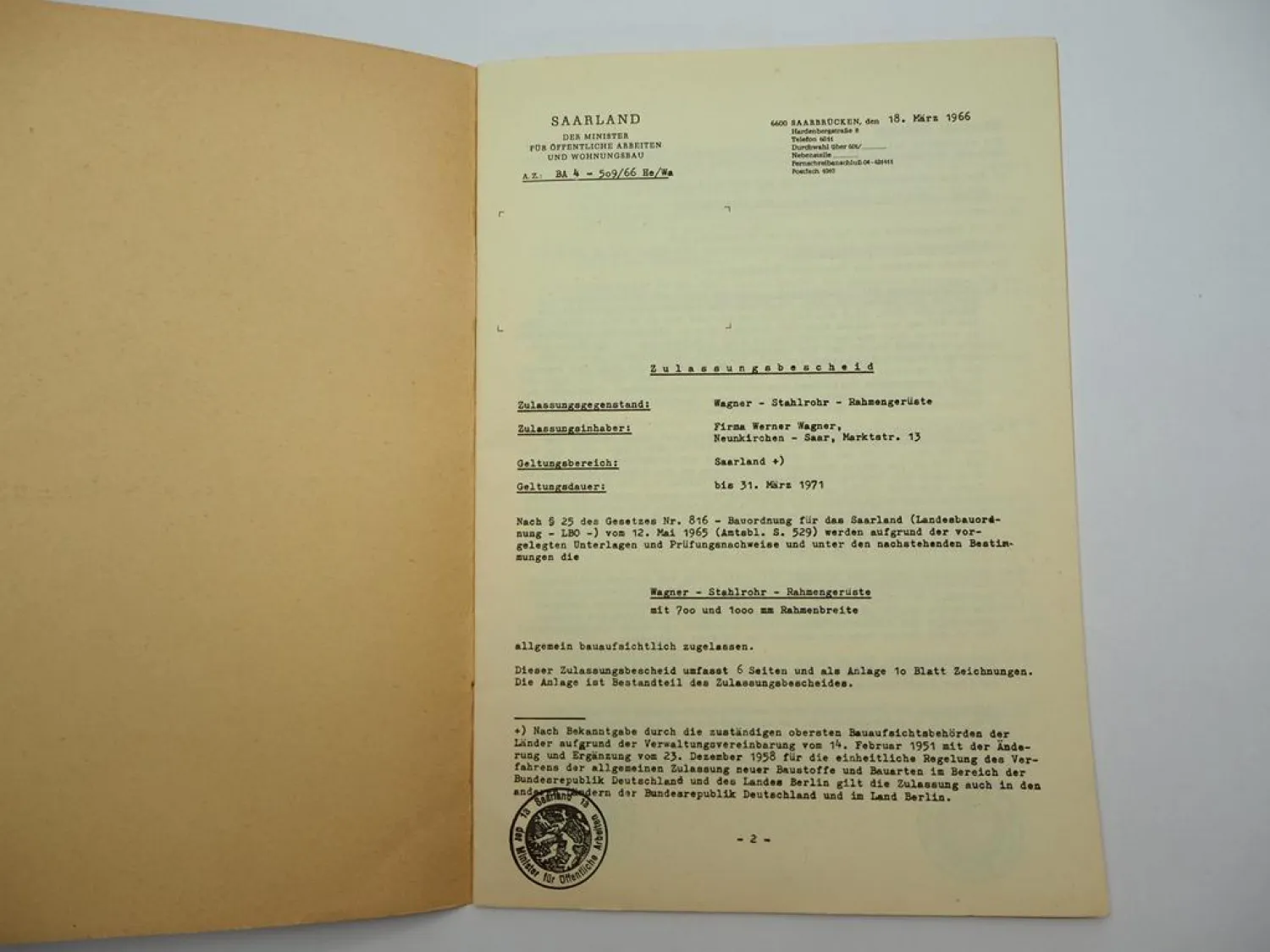 3x Original Prospekt Zulassung Wagner Stahlgerüst Neunkirchen Saar ca. 1966