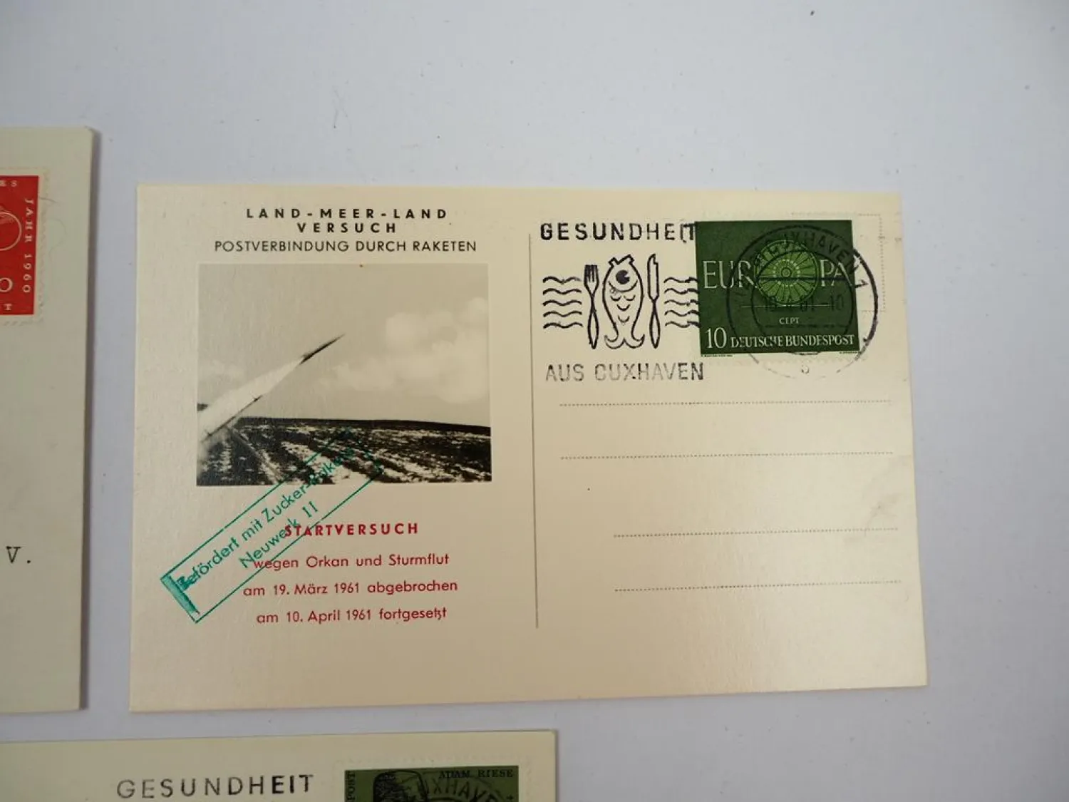 3x Postkarte Raketenpost Versuchsstart 1959/60/61 Zuckerrakete mit Briefmarken