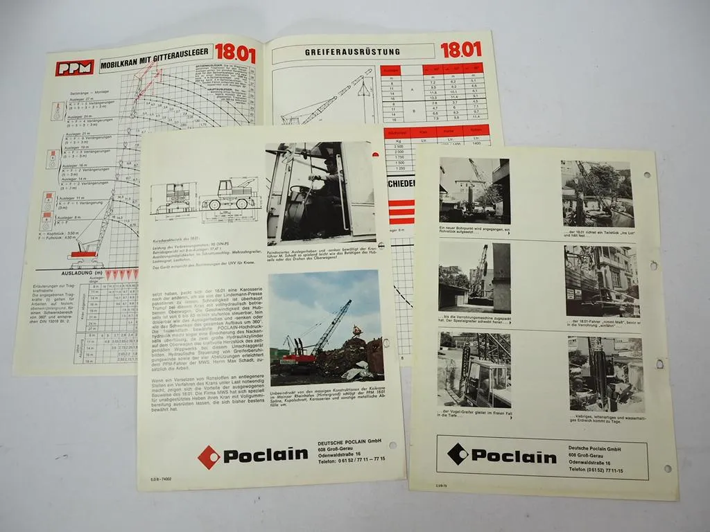 3x Prospekt Poclain PPM 18.01 Mobilkran Einsatzbericht Techn. Daten 1970er Jahre