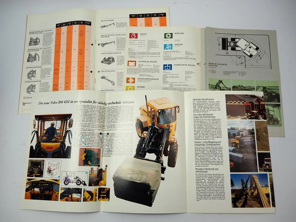3x Prospekt Volvo BM 4200 Radlader + Anbaugeräte 1978/79