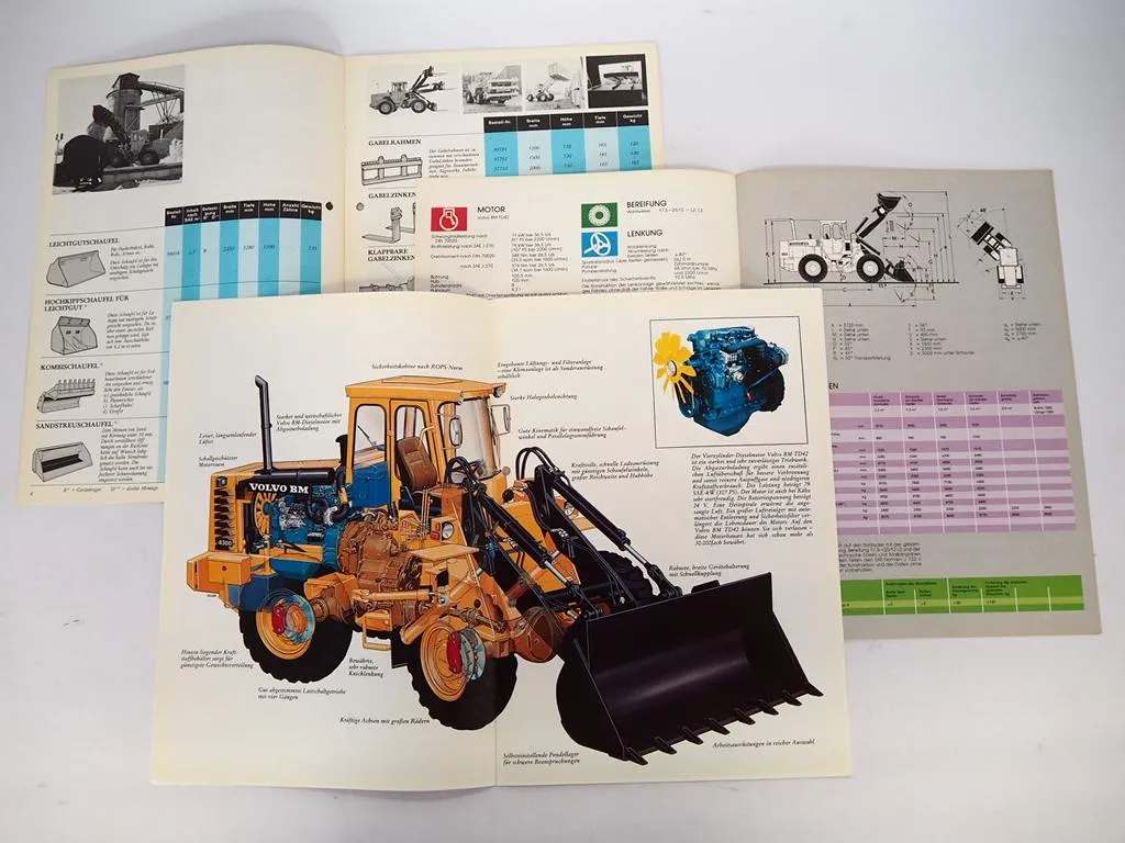 3x Prospekt Volvo BM 4300 Radlader + Anbaugeräte 1977/79
