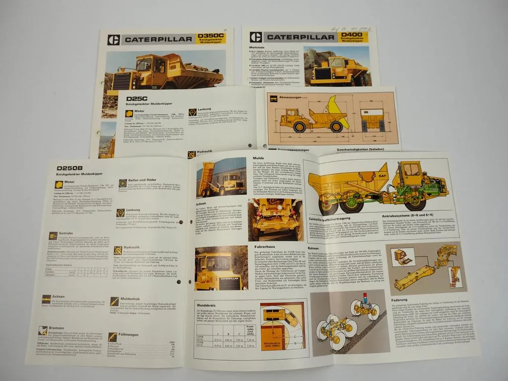 4 Prospekte Caterpillar D25C D250B D350C D400 Muldenkipper 1986