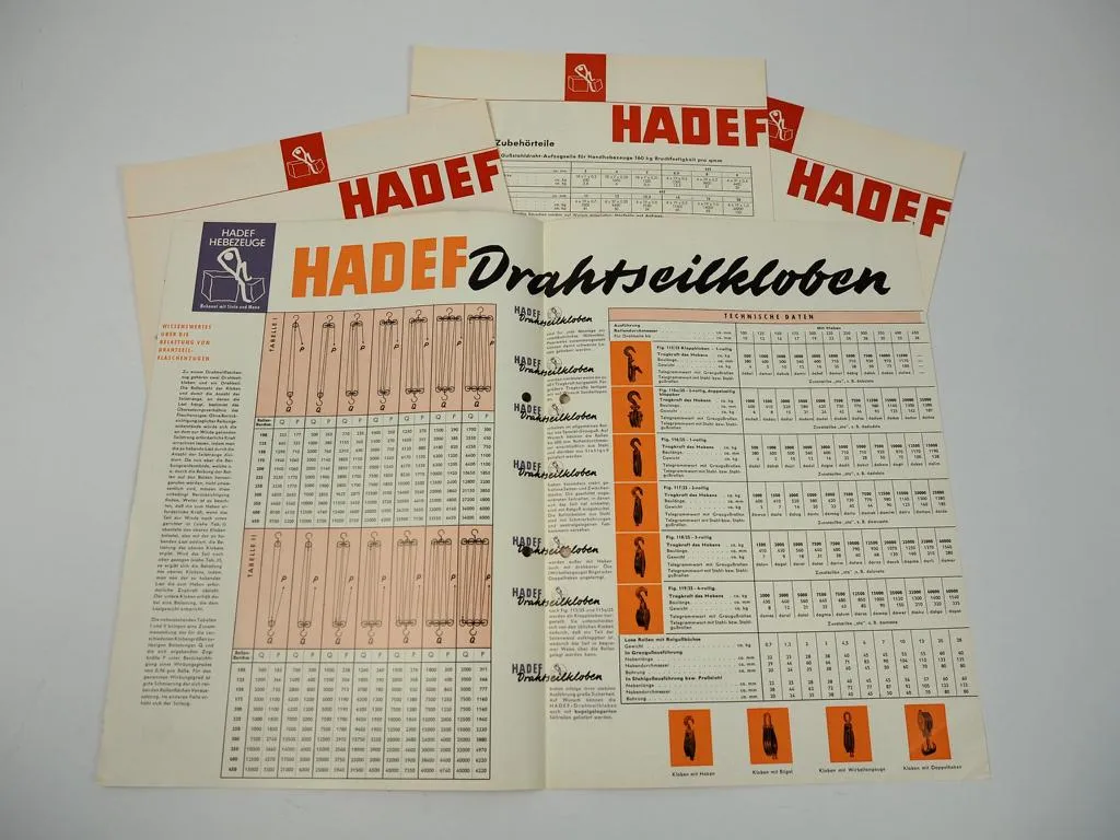 4 Prospekte De Fries HADEF Kloben Flaschenzug Hebezeuge Zubehör 1957