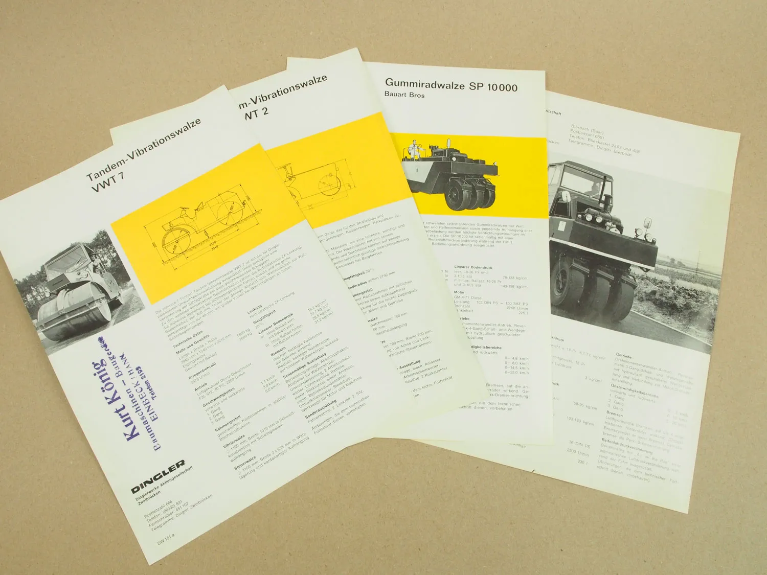 4 Prospekte Dingler Bros SP6000 SP10000 VWT2 VWT7 Walzen wohl 60er Jahre