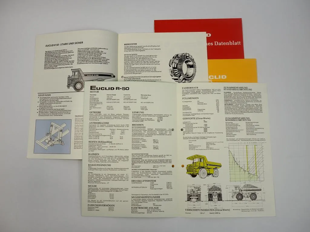 4 Prospekte Euclid R 25 35 50 Muldenkipper Technische Daten 1980er Jahre