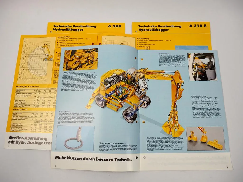 4 Prospekte Liebherr A 308 310 312 316 Hydraulikbagger Techn. Beschreibung 1999