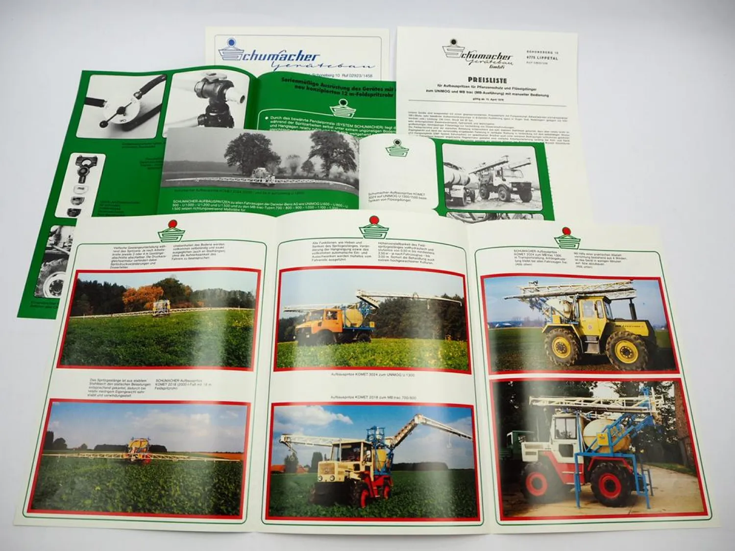 4x Orig. Prospekt Preisliste Schumacher Anbaugeräte für Unimog MBtrac 1970/80er