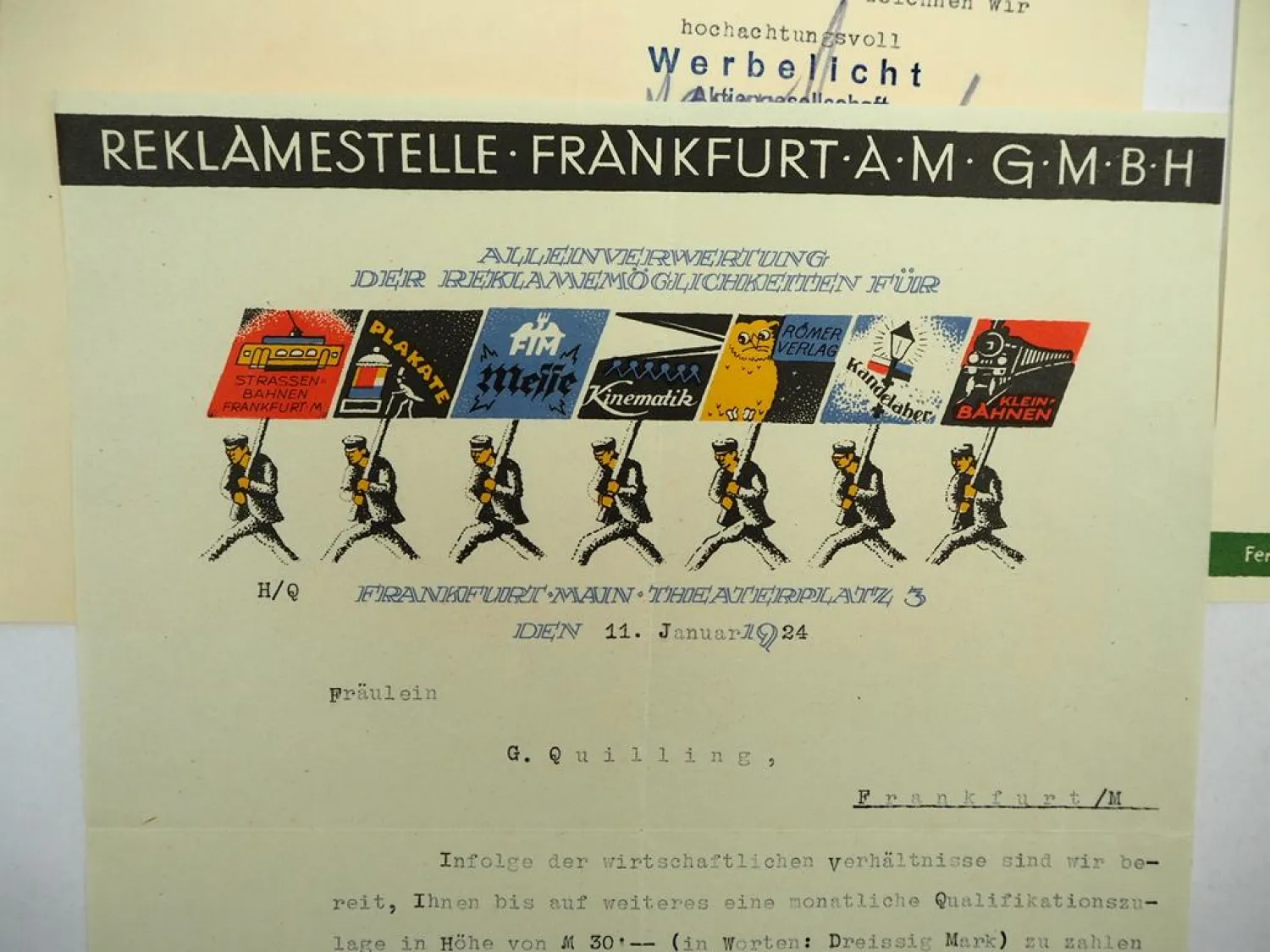 4x Original Firmenbrief Reklamestelle Werbelicht AG Frankfurt 1920er Jahre