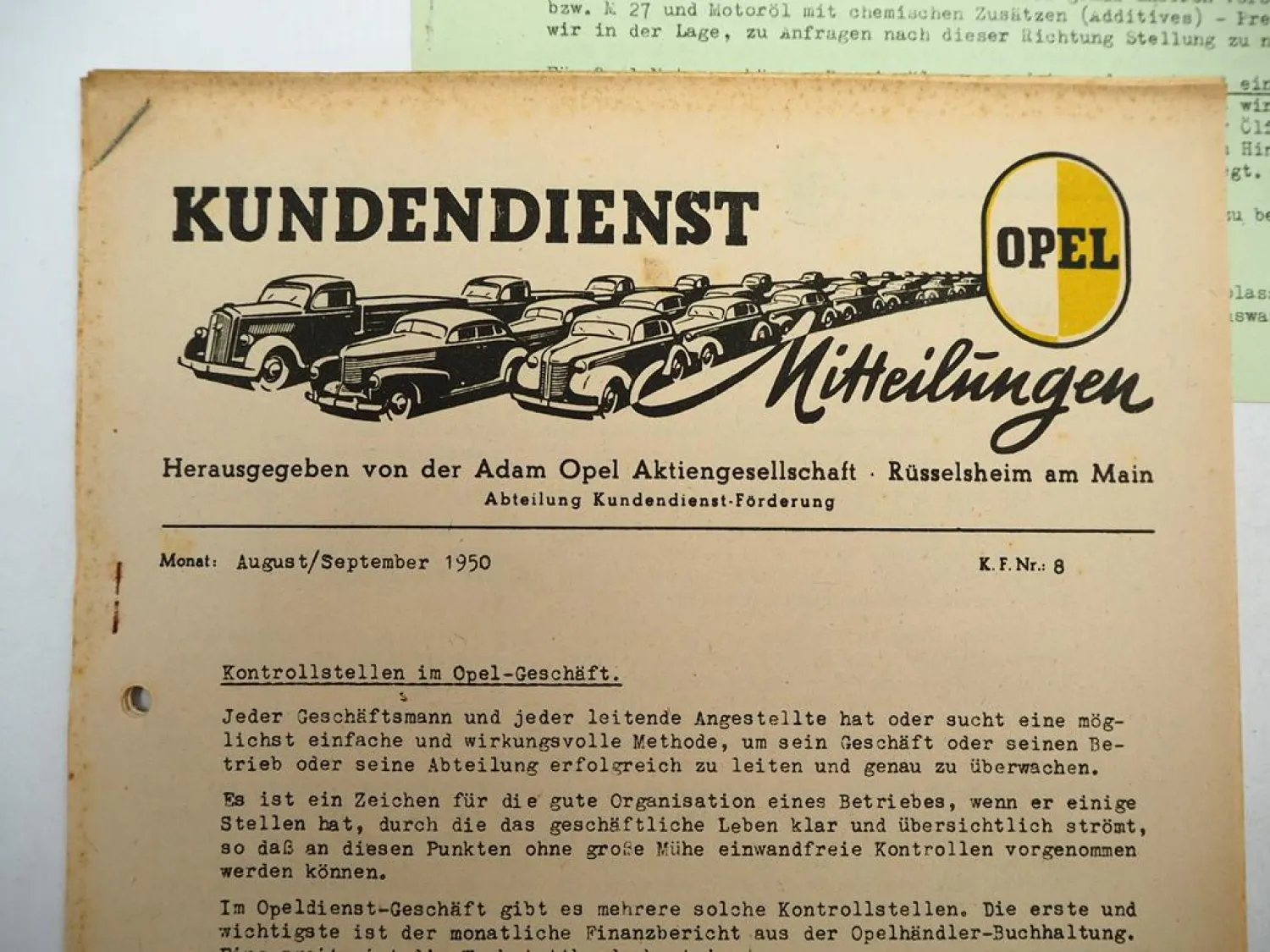 4x Original Opel Kundendienst Mitteilungen 1950 K.F. Nr. 4, 8, 9, 10