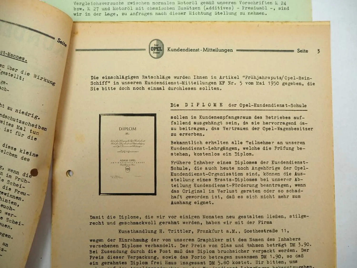 4x Original Opel Kundendienst Mitteilungen 1950 K.F. Nr. 4, 8, 9, 10