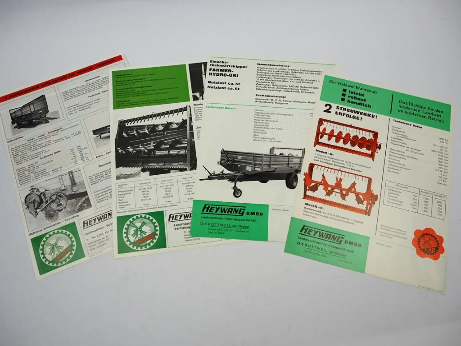 4x Original Prospekt Heywang Anhänger Kipper Dungstreuer 1970er Jahre