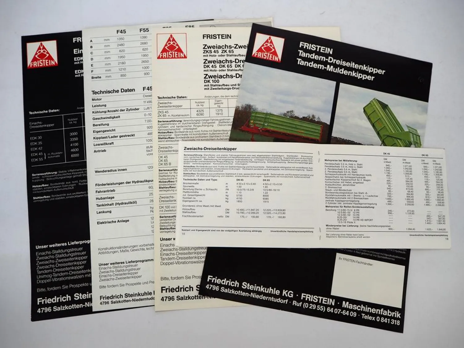 4x Original Prospekt Preisliste Fristein Landtechnik Fritrac Kippanhänger 1980er