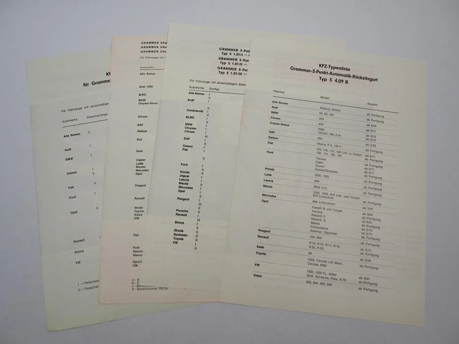 4x Prospekt Grammer Sicherheitsgurt für PKW Auto 1970er z.B. Porsche Audi BMW