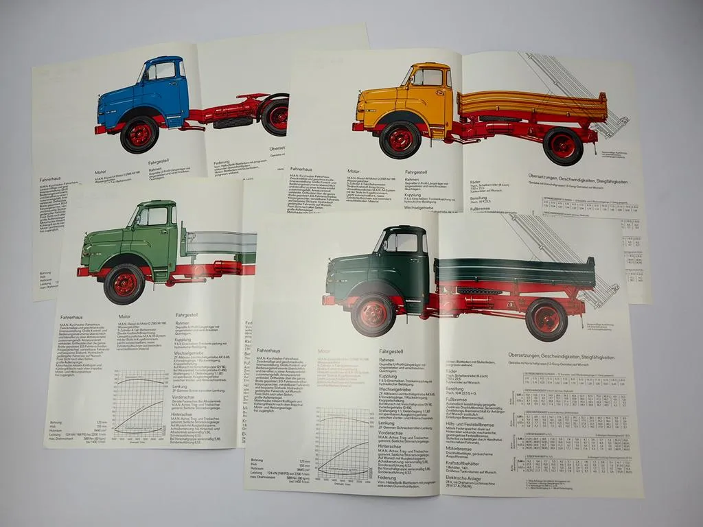 4x Prospekt MAN Nutzfahrzeuge 13.168 HS HAS HK H HA HAK Kurzhauber LKW 1970er J.