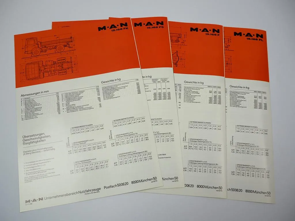 4x Prospekt MAN Nutzfahrzeuge 15.168 F FS FK FL Frontlenker LKW 1970er Jahre