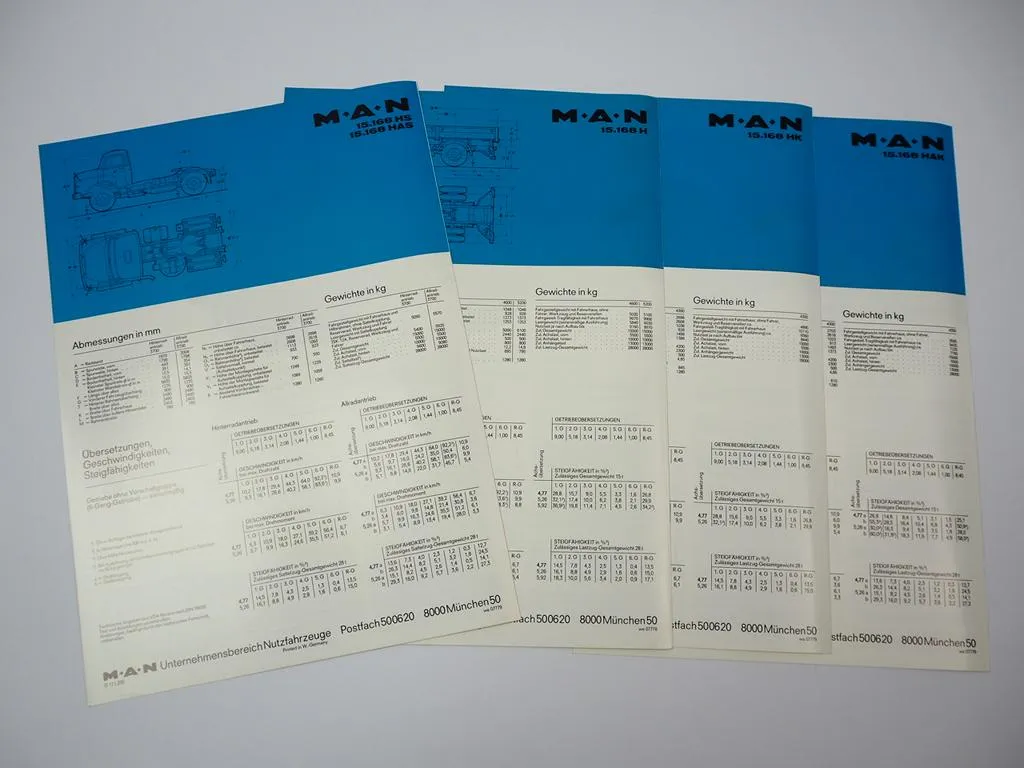 4x Prospekt MAN Nutzfahrzeuge 15.168 H HK HAK HS HAS Kurzhauber LKW 1970er Jahre