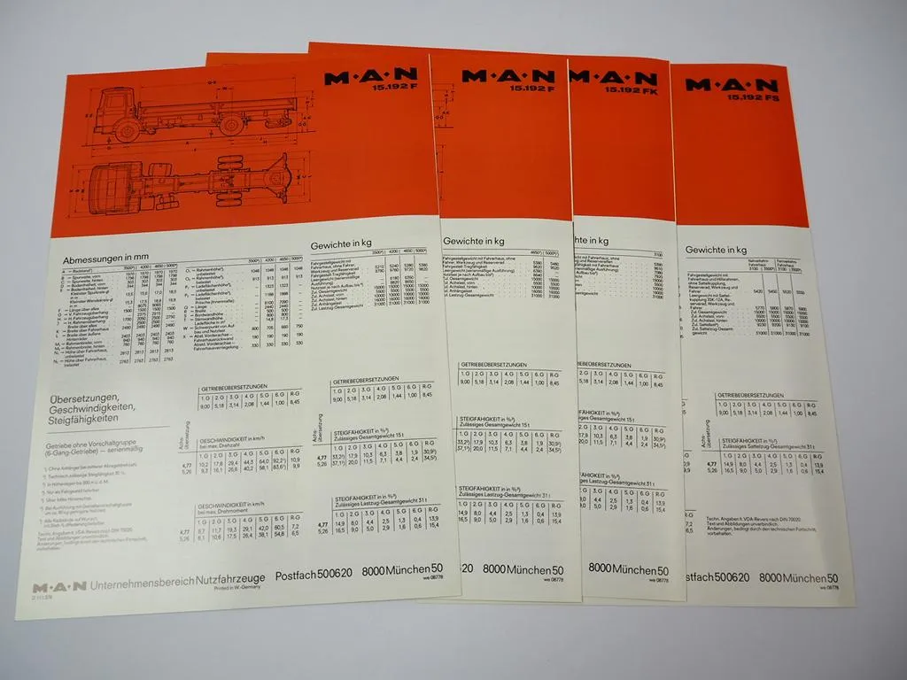 4x Prospekt MAN Nutzfahrzeuge 15.192 F FS FK Frontlenker LKW 1970er Jahre