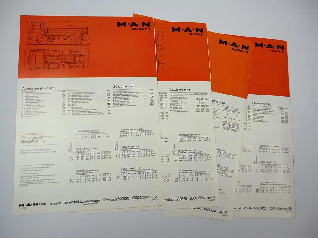 4x Prospekt MAN Nutzfahrzeuge 16.192 F FK FS Frontlenker LKW 1970er Jahre