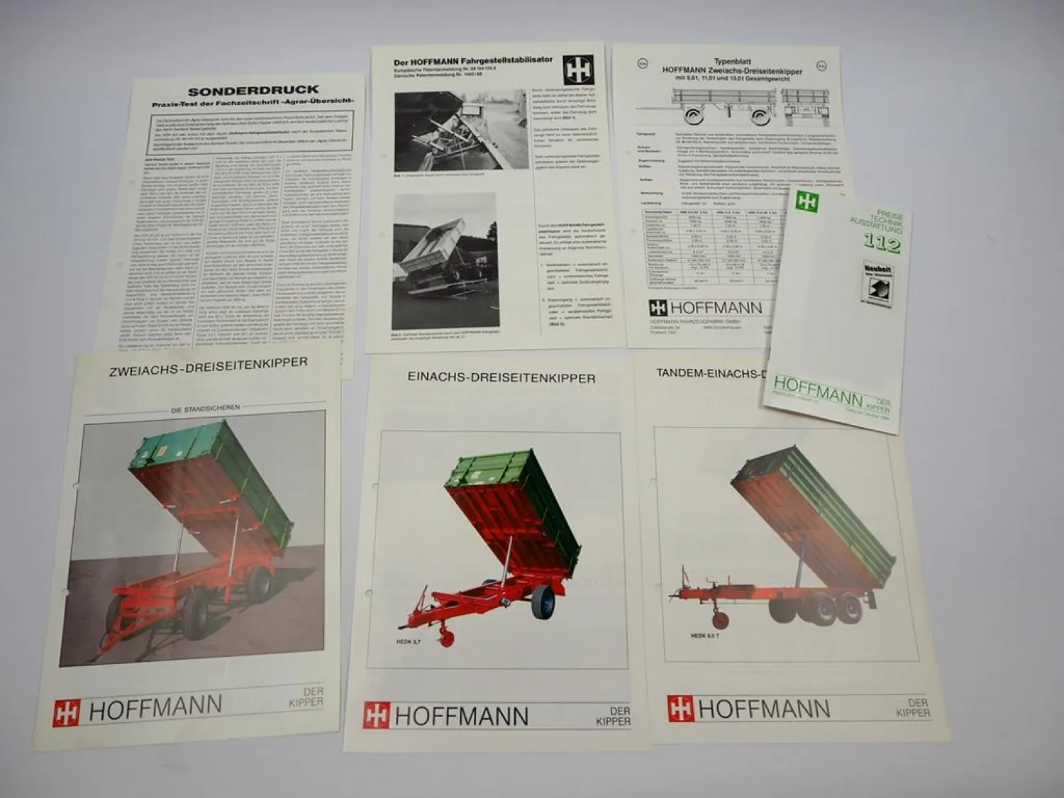 4x Prospekt Preisliste Testbericht Hoffmann Landtechnik Kippanhänger ca. 1989