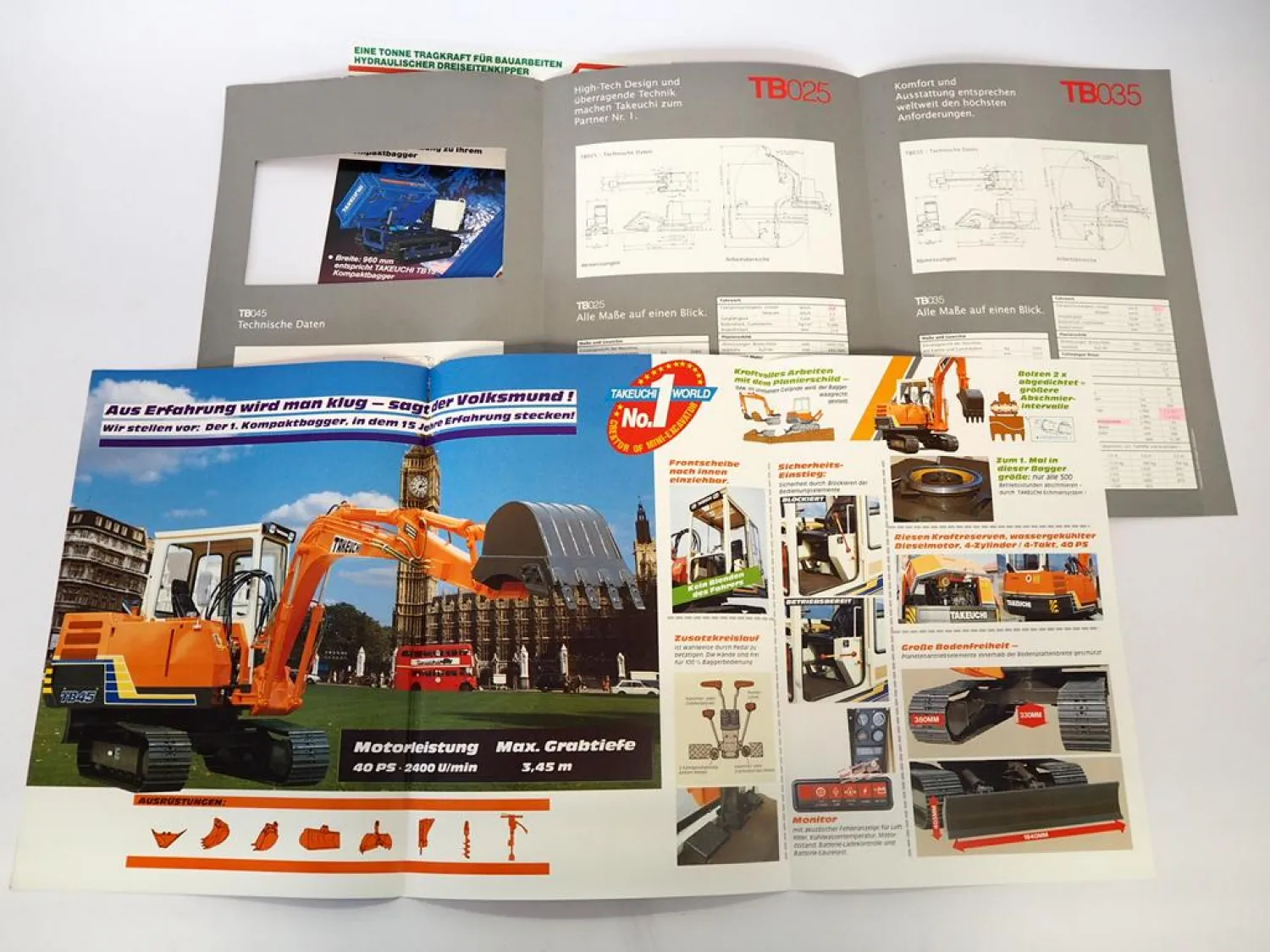 4x Prospekt Takeuchi TB025 TB035 TB045 TB45S TZ30 Raupenbagger 1990er Jahre
