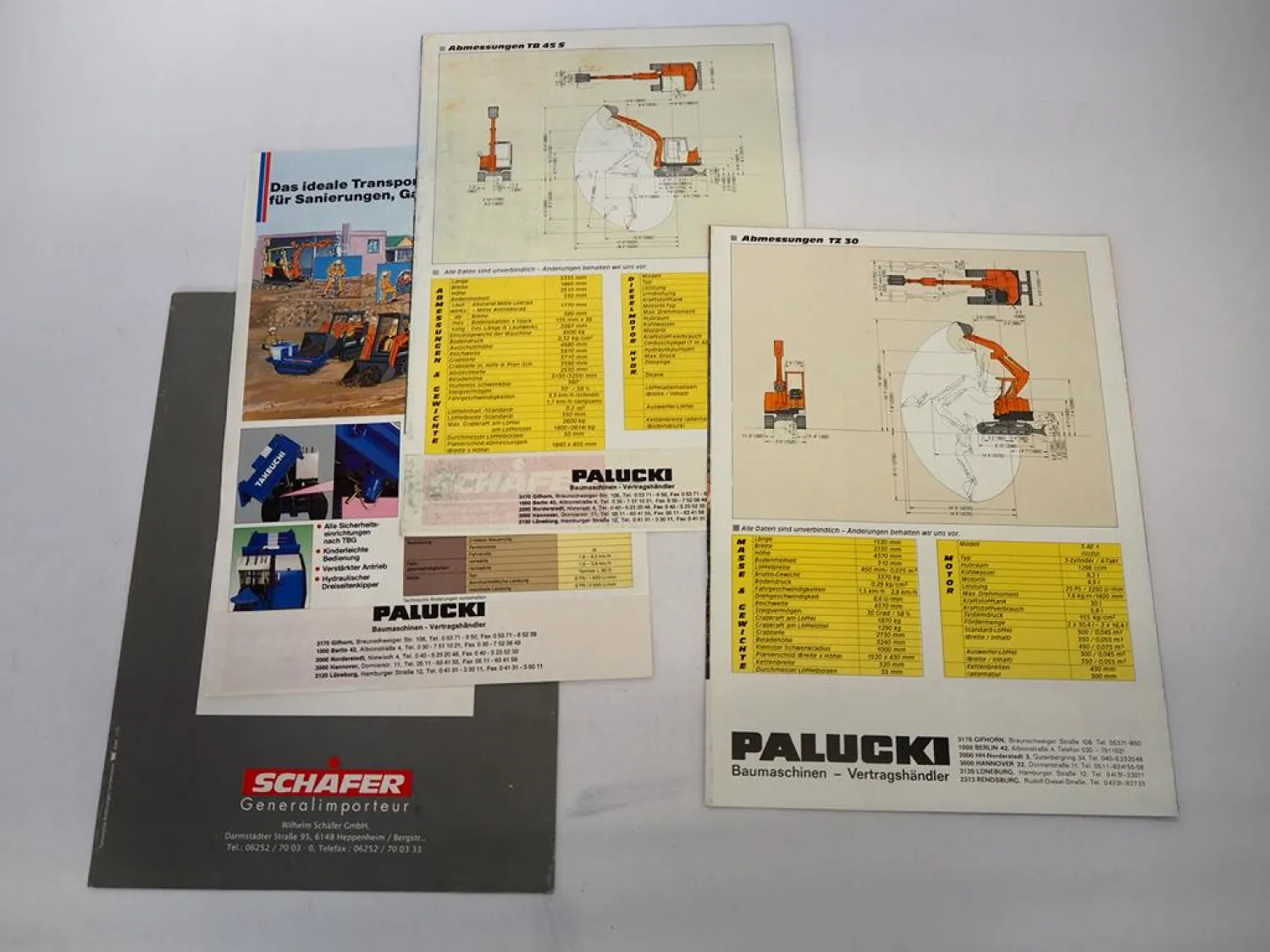 4x Prospekt Takeuchi TB025 TB035 TB045 TB45S TZ30 Raupenbagger 1990er Jahre