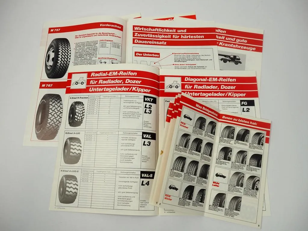 5 Prospekte Bridgestone Reifen für Baumaschinen Lieferprogramm + Preisliste 1986
