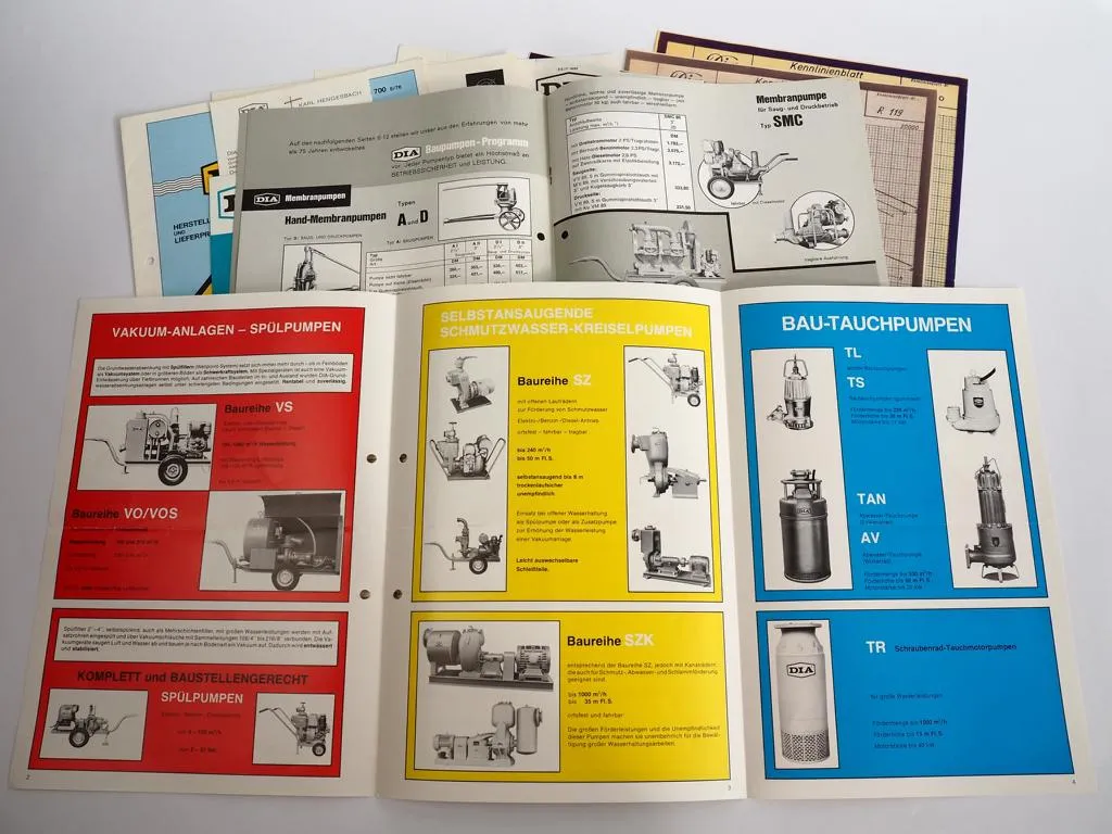 5 Prospekte DIA Tauchpumpen Kreiselpumpen Baupumpen 1970er Jahre