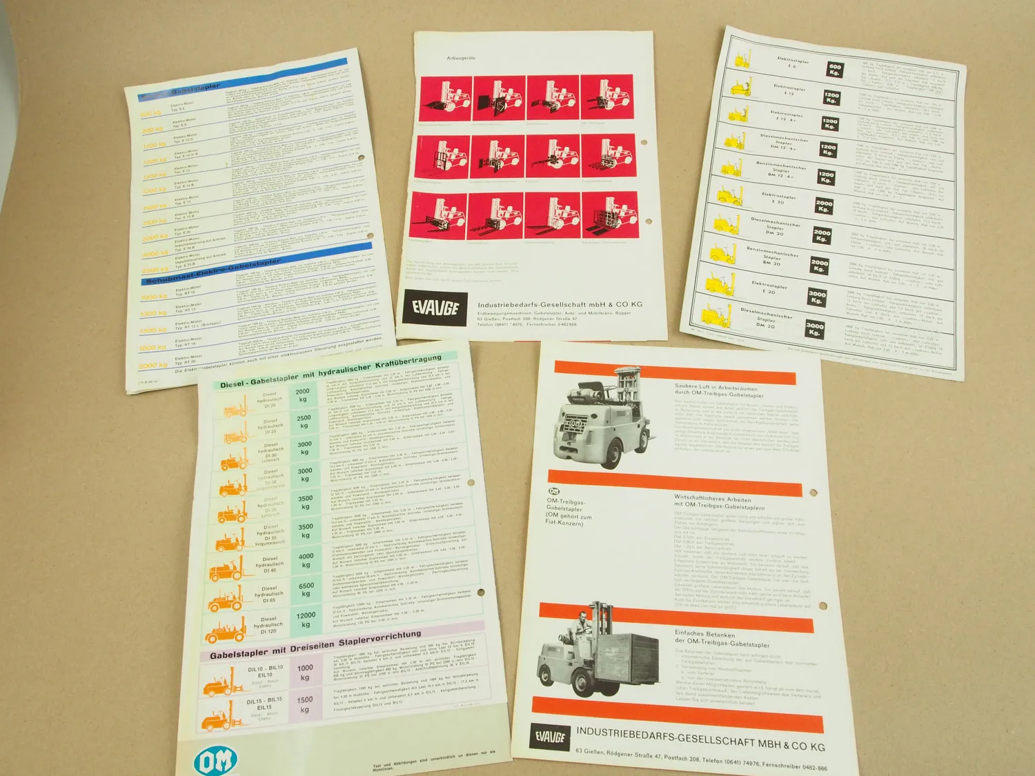 5 Prospekte Evange Fiat OM Gabelstapler Unitractcar Typ S aus den 60/70er Jahren