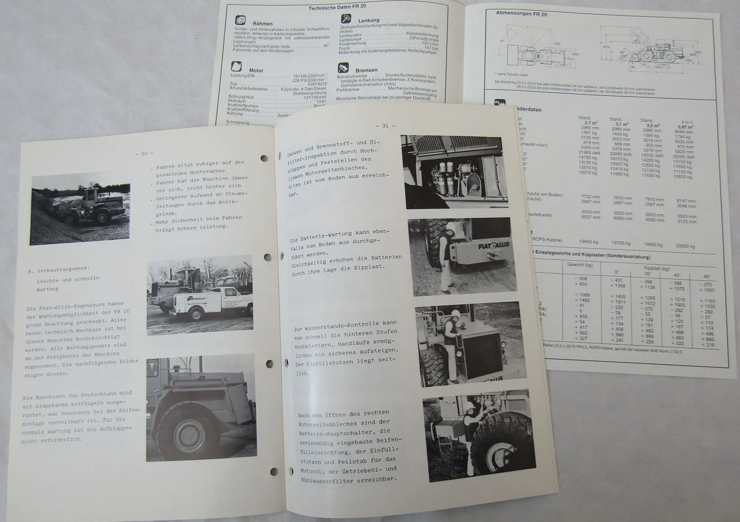 5 Prospekte Fiat Allis Radlader FR20 und Verkaufsargumente von 9/1980