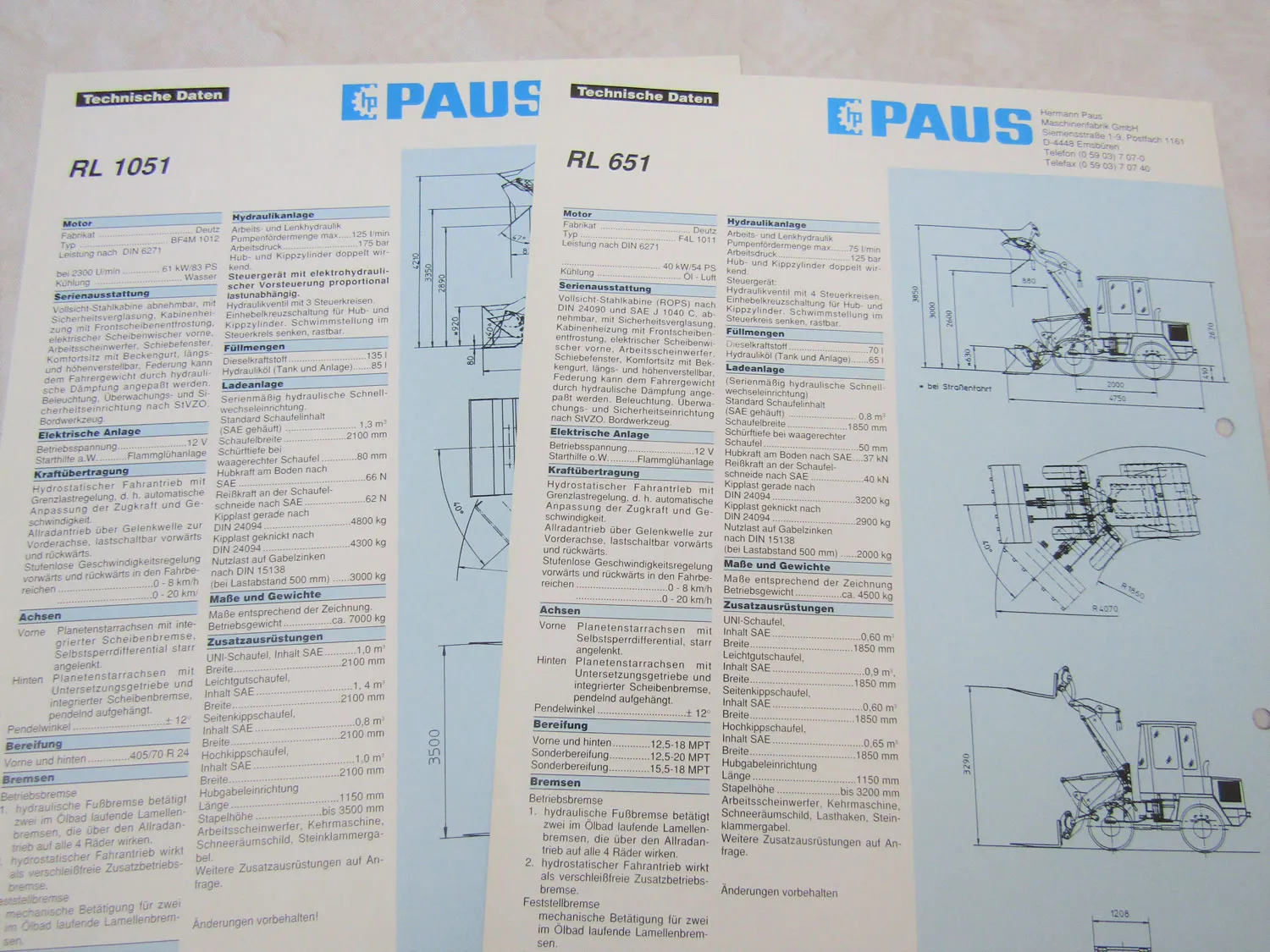 5 Prospekte PAUS RL 1051 851 651 651SL 551SL Radlader 1992/94