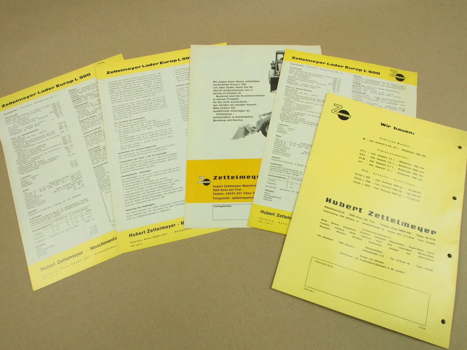 5 Prospekte Zettelmeyer Europ L500 Lader + Heckbagger von ca 1965
