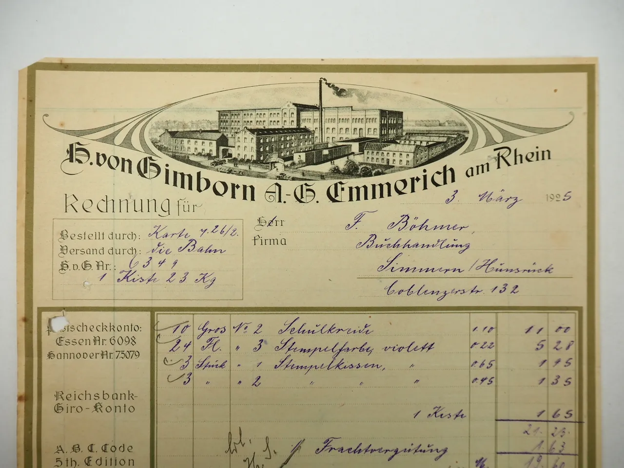 5x H. von Gimborn AG Emmerich a. Rhein Rechnung Tinte 1925-28