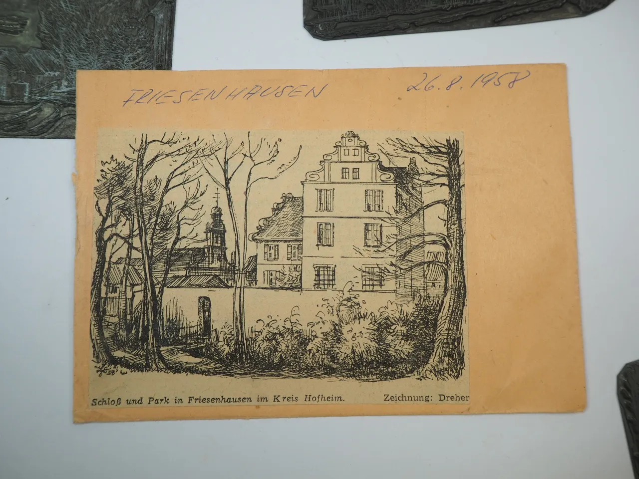 5x Klischee Druckplatte Friesenhausen Aidhausen nach Zeichnungen von Dreher 1955/58