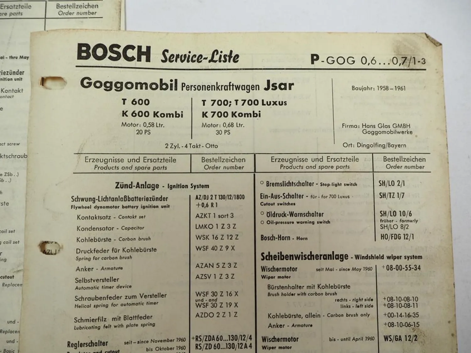 5x Original Bosch Service-Liste für Glas PKW Isar Goggomobil BJ 1957-1961