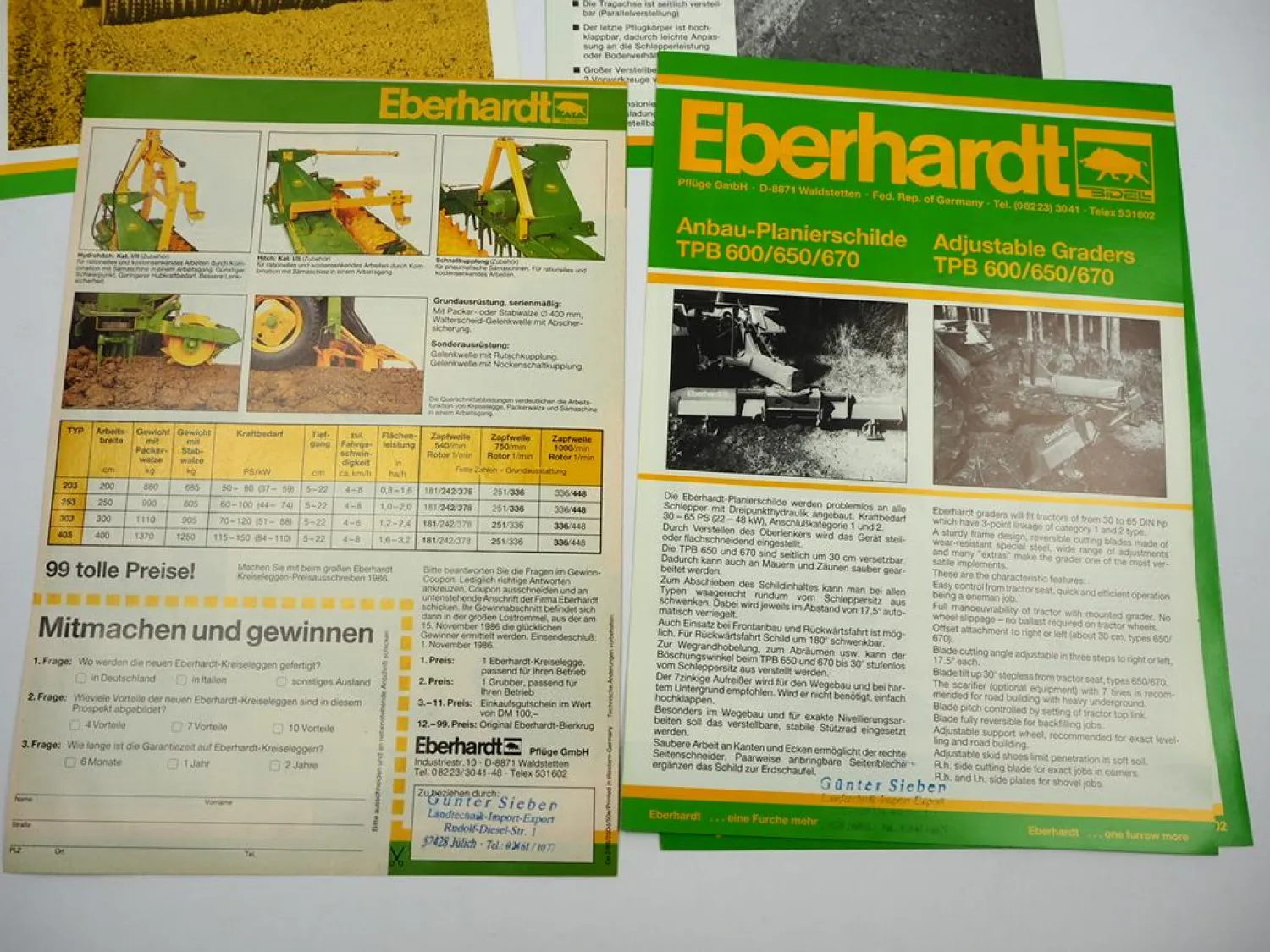5x Original Prospekt Eberhardt Pflugfabrik Landtechnik Egge Pflug Walzen 1980er