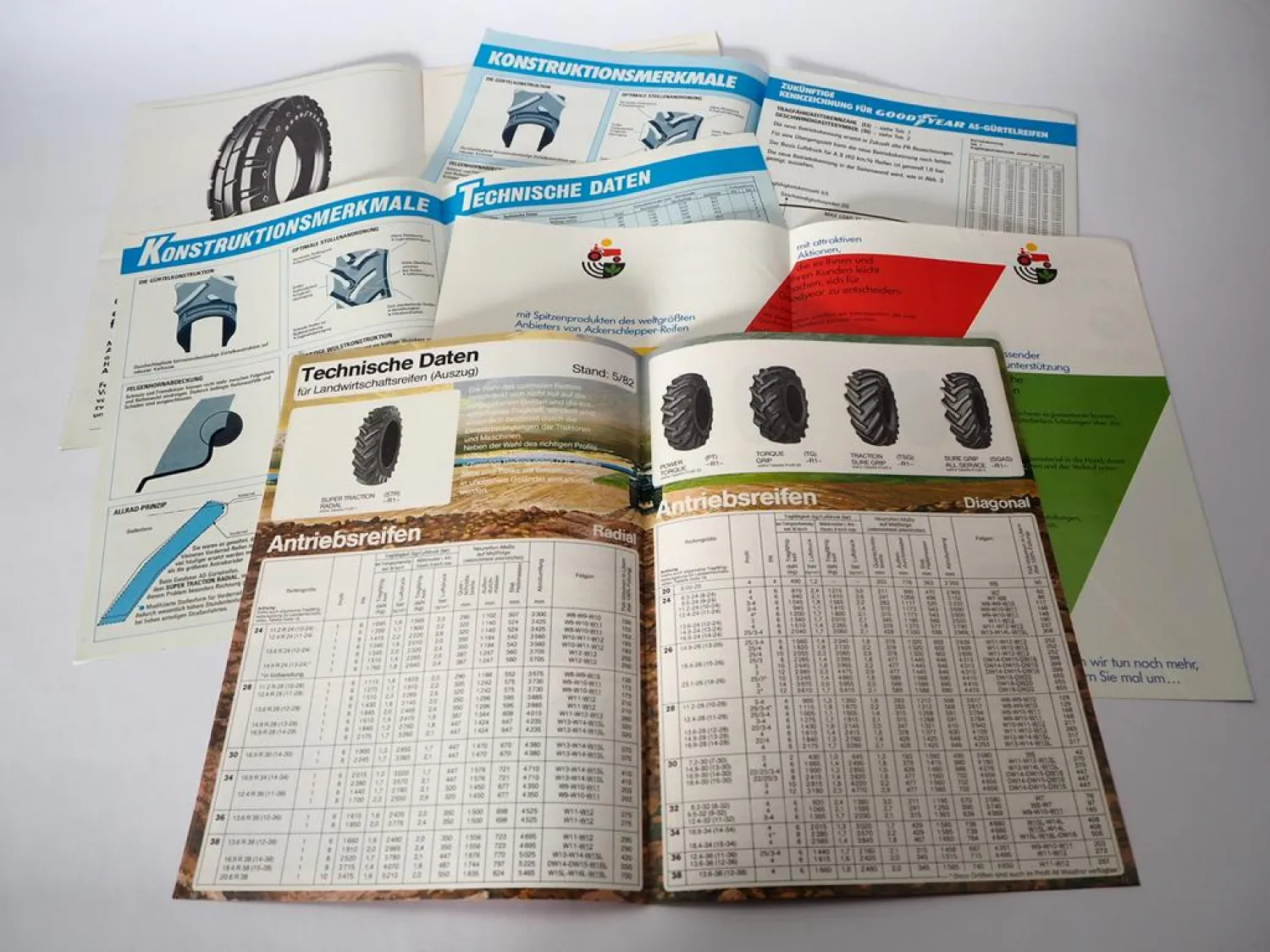 5x Original Prospekte Good Year Reifen für Schlepper Landtechnik 1980er Jahre
