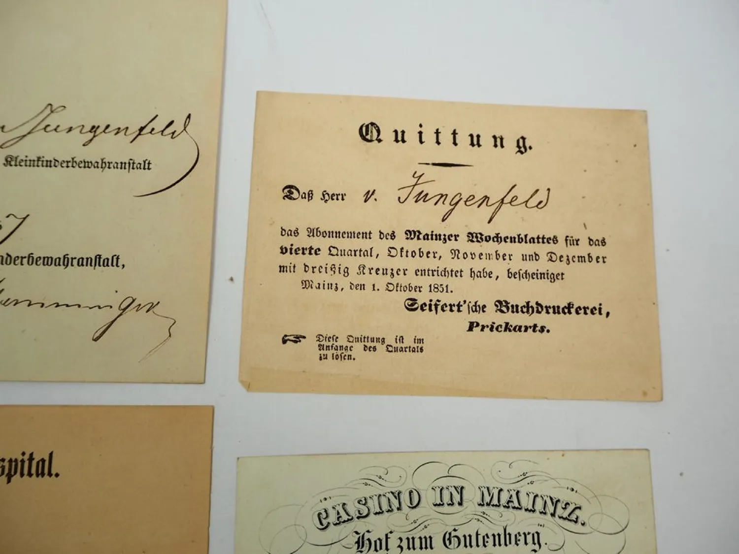 5x Quittung Mainz 1851 - 63 Freiherr von Jungenfeld Casino Zeitschrift Hospital