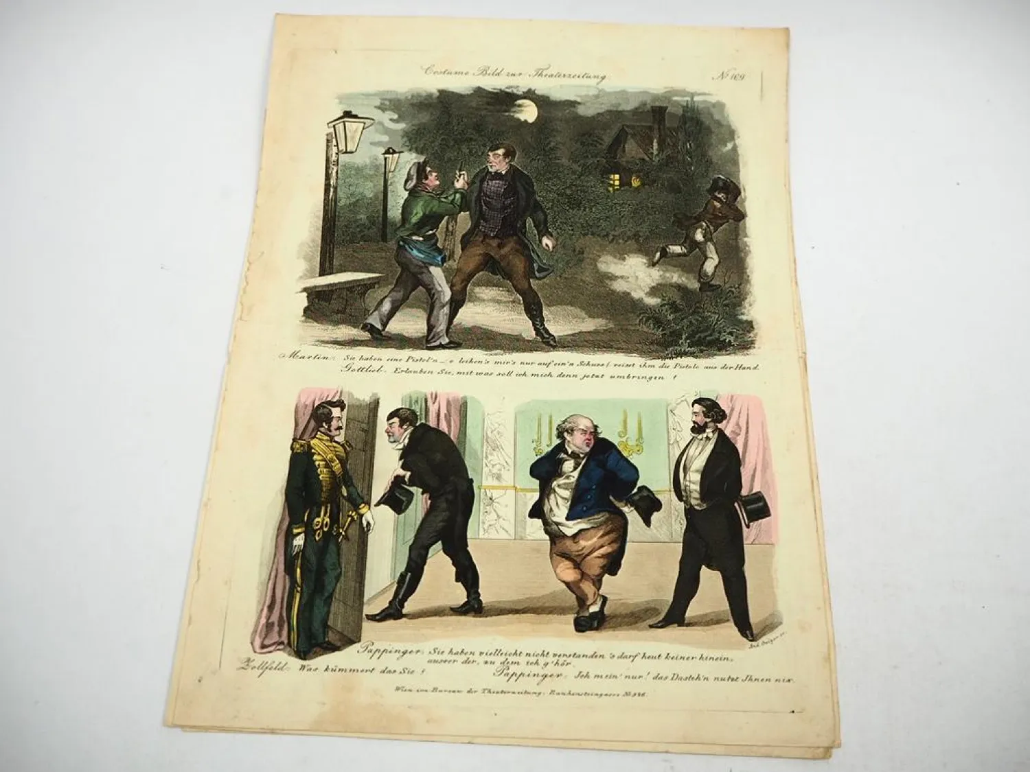 6 Blätter Kolorierte Kupferstiche A. Bäuerle Wien Büro der Theaterzeitung ca. 1850